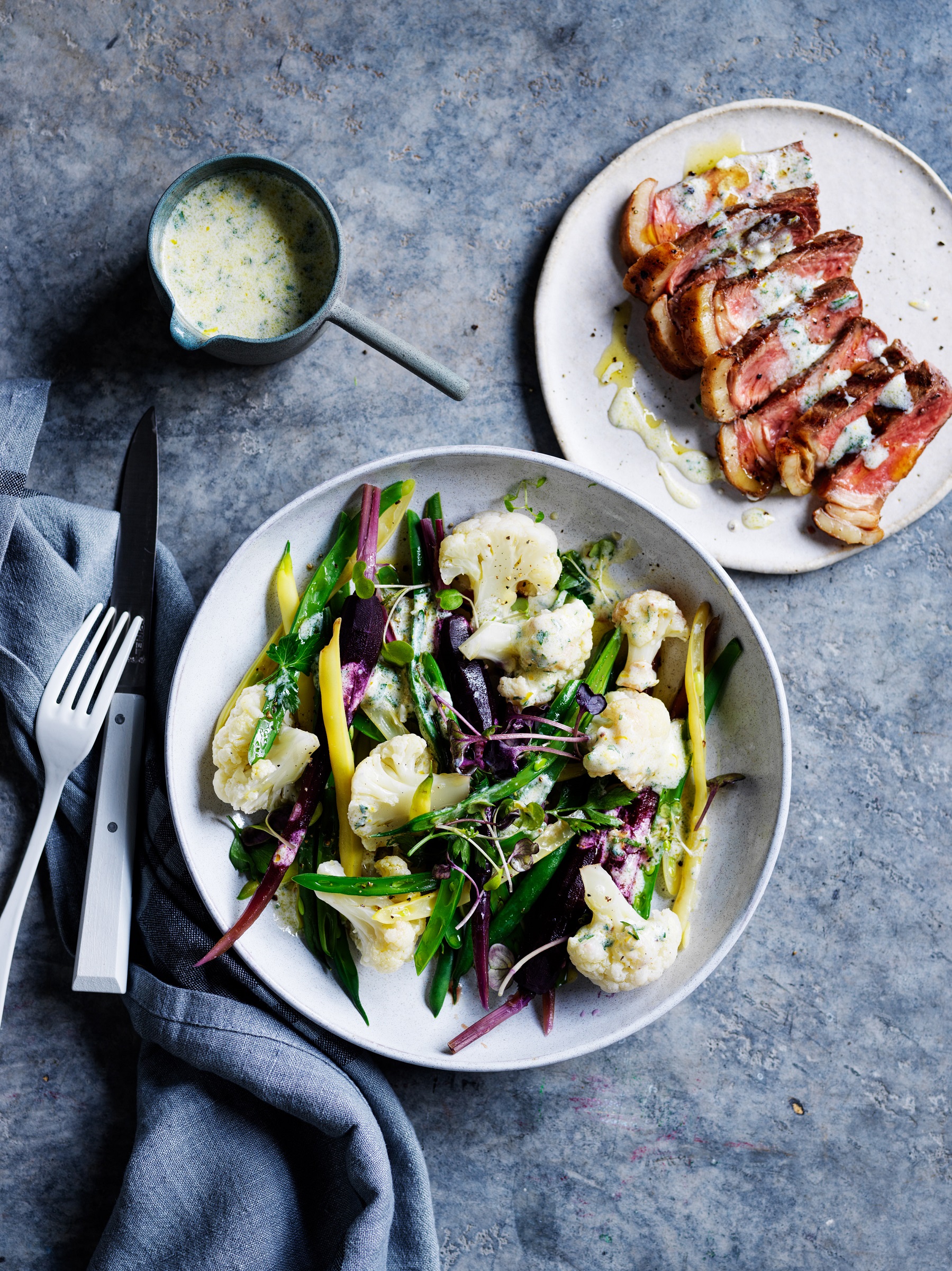 steamed vegetables with grass-fed steak